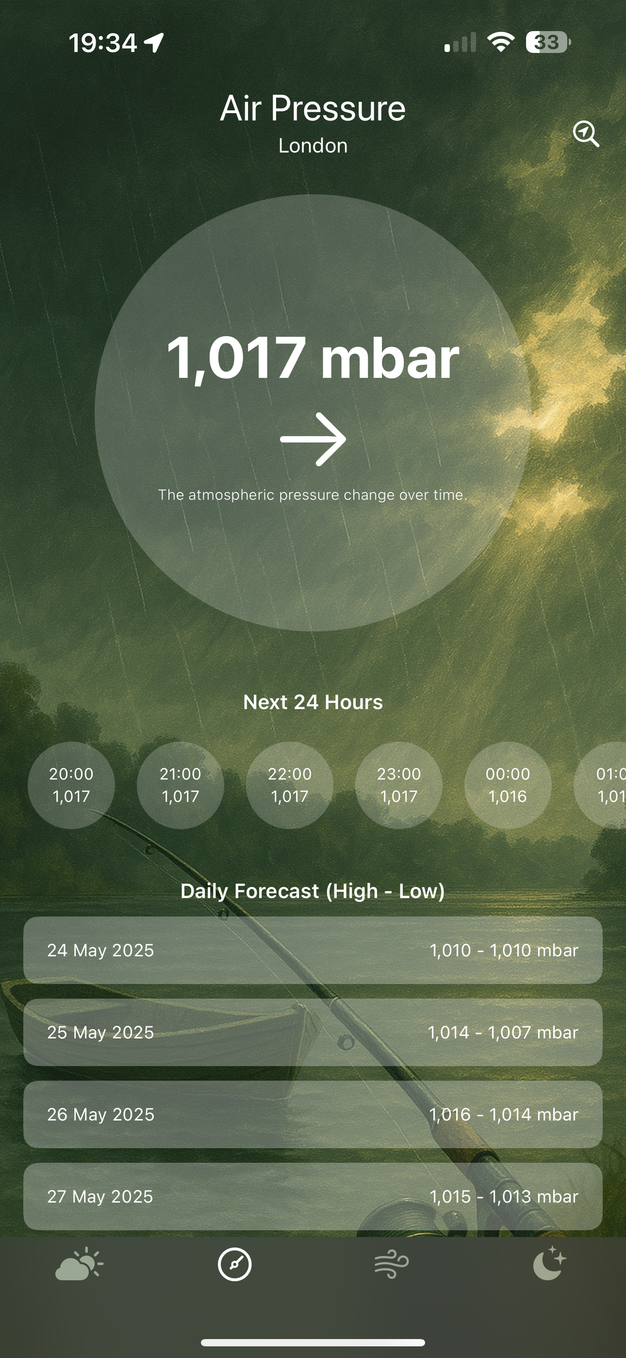 Beforecast Air Pressure screen showing current pressure (1,017 mbar) and forecast for London