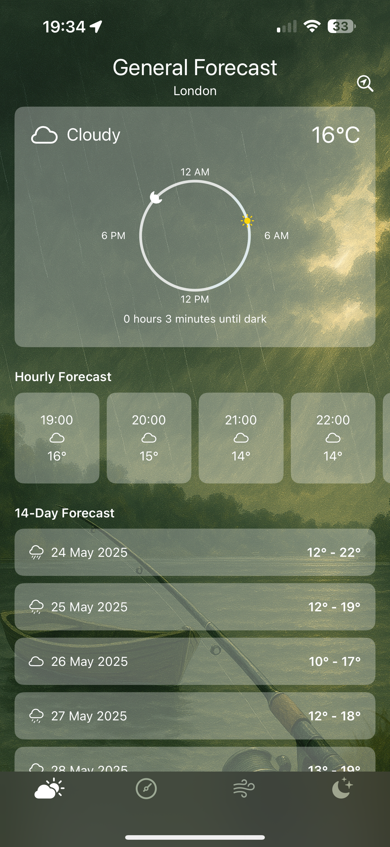 Beforecast General Forecast screen with hourly and daily weather forecasts for London