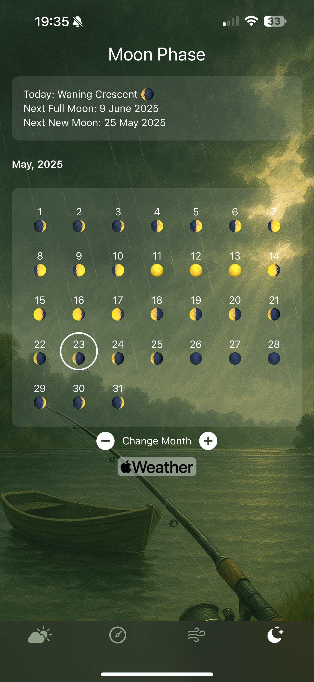 Beforecast Moon Phase screen showing the current waning crescent phase and moon calendar for May 2025