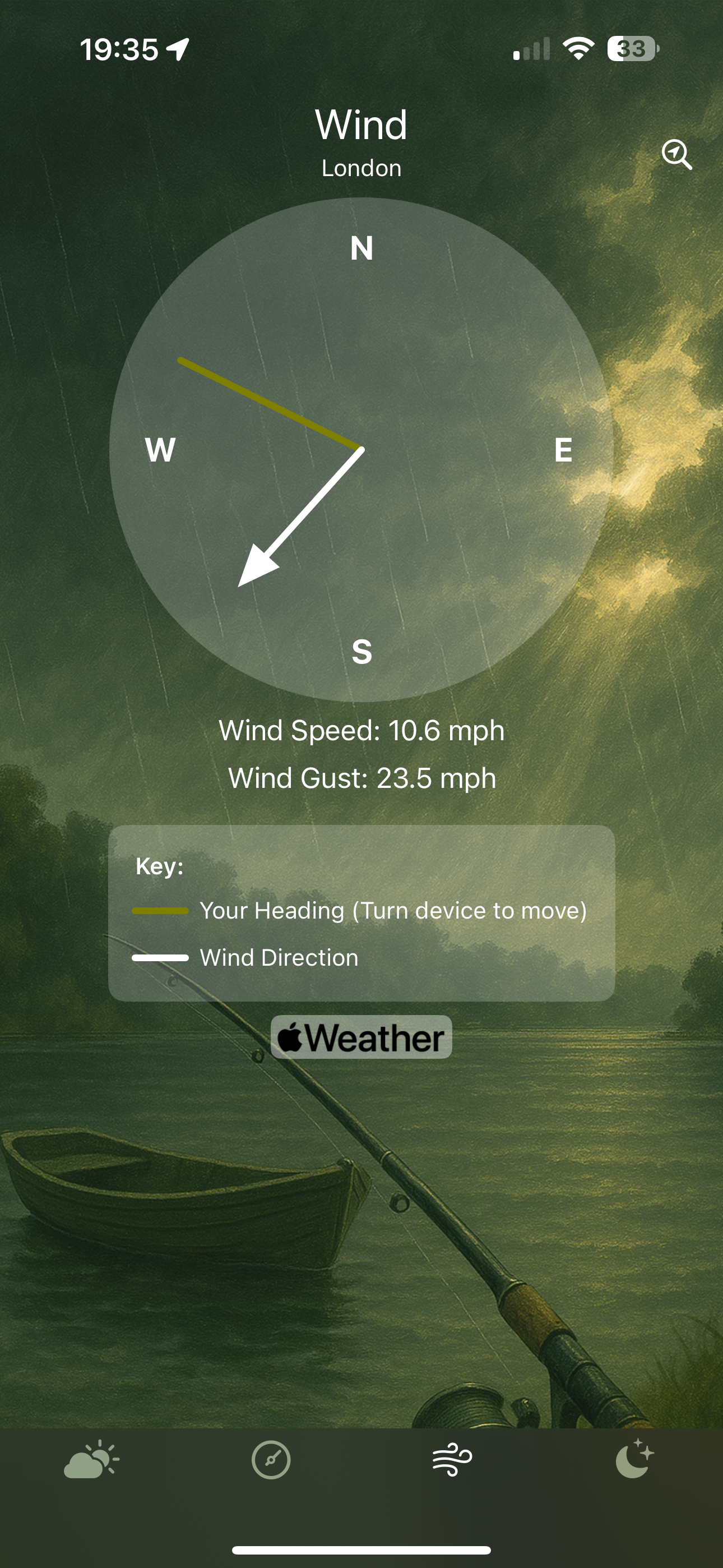 Beforecast Wind screen displaying wind direction, speed (10.6 mph), and gust (23.5 mph) for London